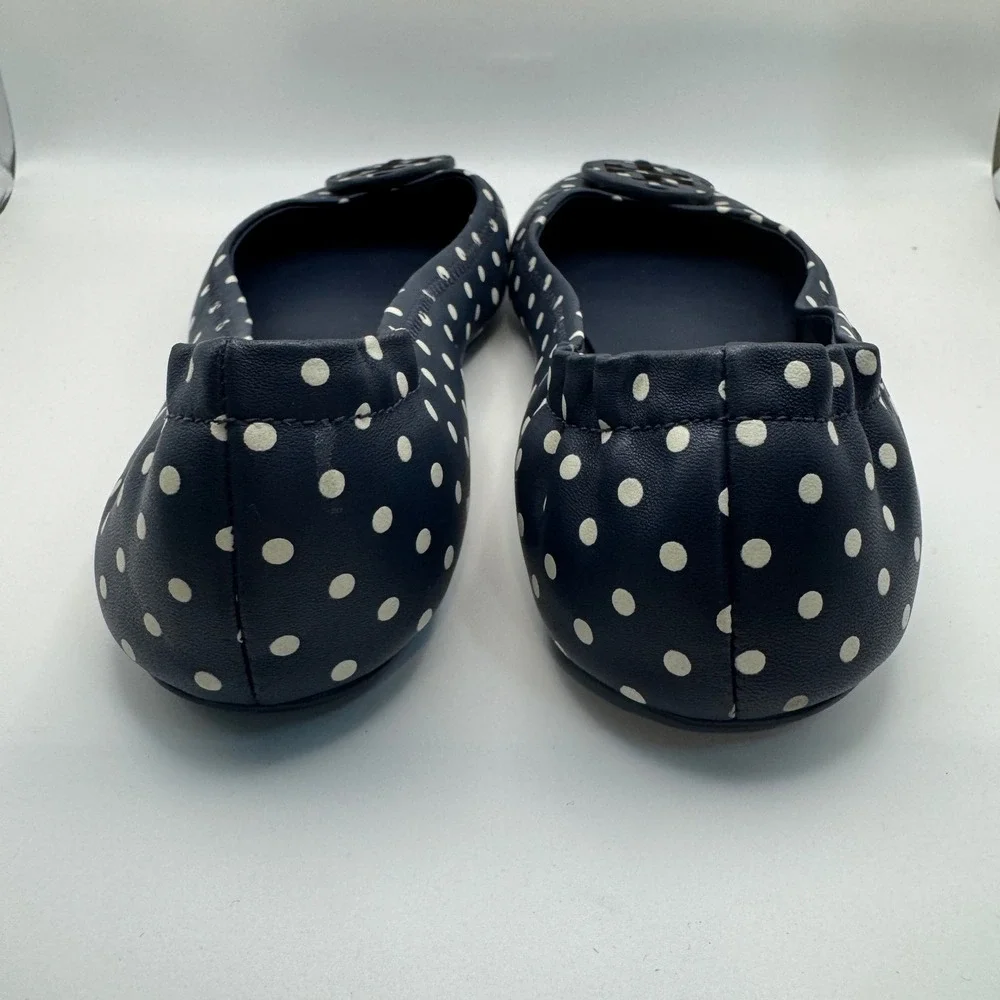 Tory Burch Minnie Travel Ballet Flats Navy Blue Polka Dot Leather Logo 8M 64985